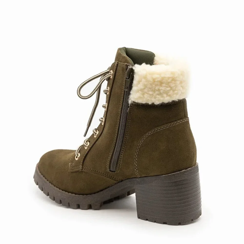Bamboo Sherpa Cuffed Mucker Combat Ankle Boots | Faux Suede Lace-Up Booties - Picture 4 of 5